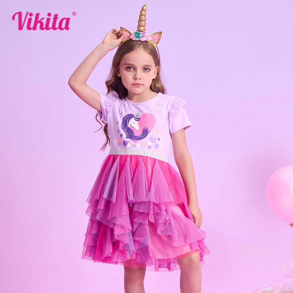 VIKITA Kids Short Sleeve Summer Dress Girls Unicorn Heart Design Dresses Kids Mesh Tulle Layered Cake Irregular Tutu Dresses