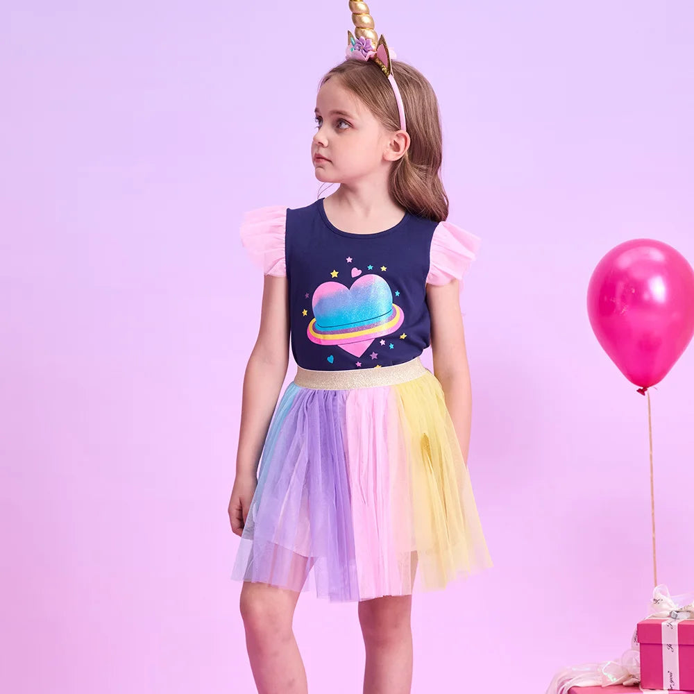 VIKITA Girls Summer Clothing Sets Kids Flare Sleeve Heart Cotton Tops Tees and Rainbow Mesh Tulle Skirts 2 Pcs Children Clothes
