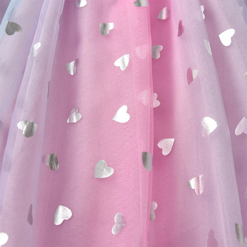 VIKITA 2025 Kinderkleidung Mädchen Herbst Frühling Langarm Rosa Kleid Kinder Herzform Mesh Tüll Prinzessin Party Sternenkleider