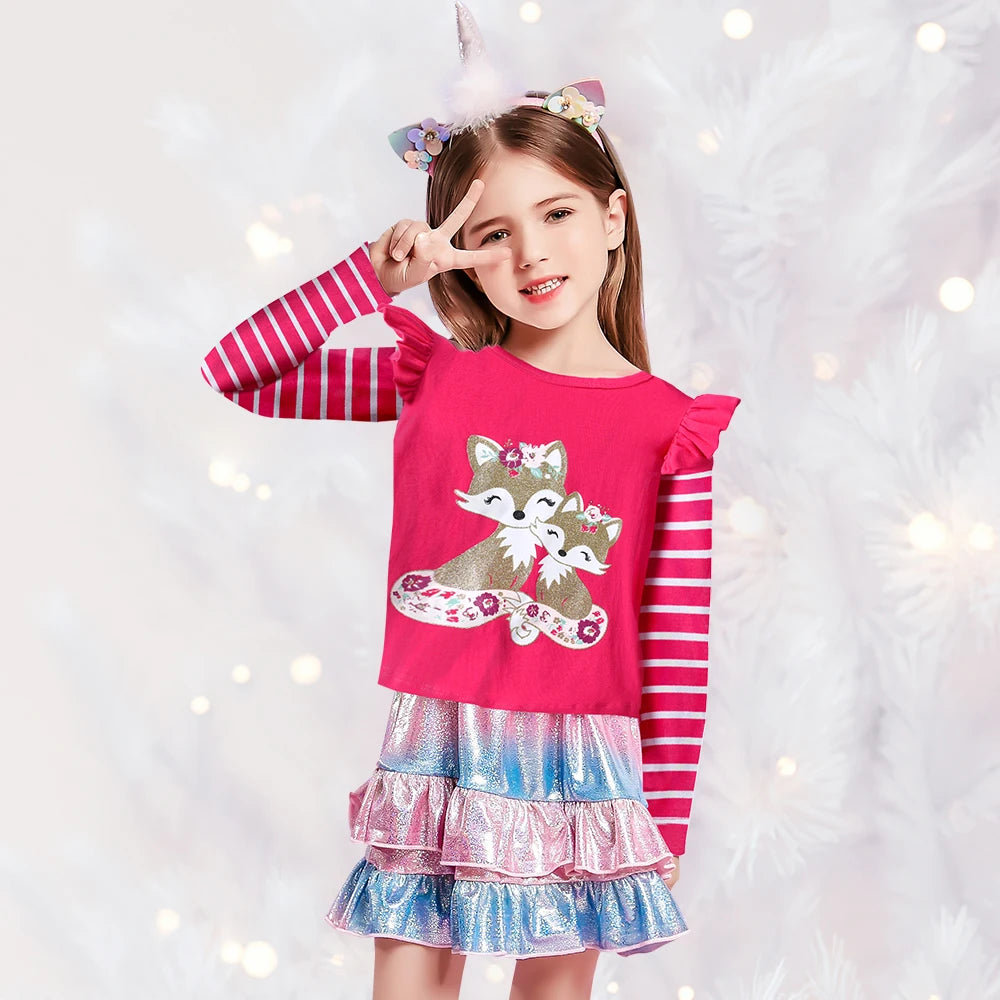 DXTON Toddlers Girls T-shirts Striped Ruffled Long Sleeve Kids Cartoon Tops Squirrel Print Casual Winter Girls Cotton Clothing