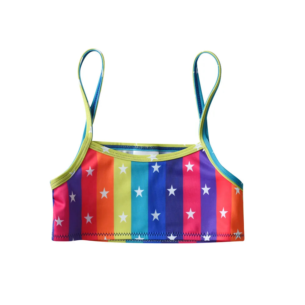 VIKITA Kids Swimwear Sets Girls Rainbow Colorful Striped Star Print Swimming Wear Beach Travel Fashion Cute Bikini 2 Pcs 4-10 Y