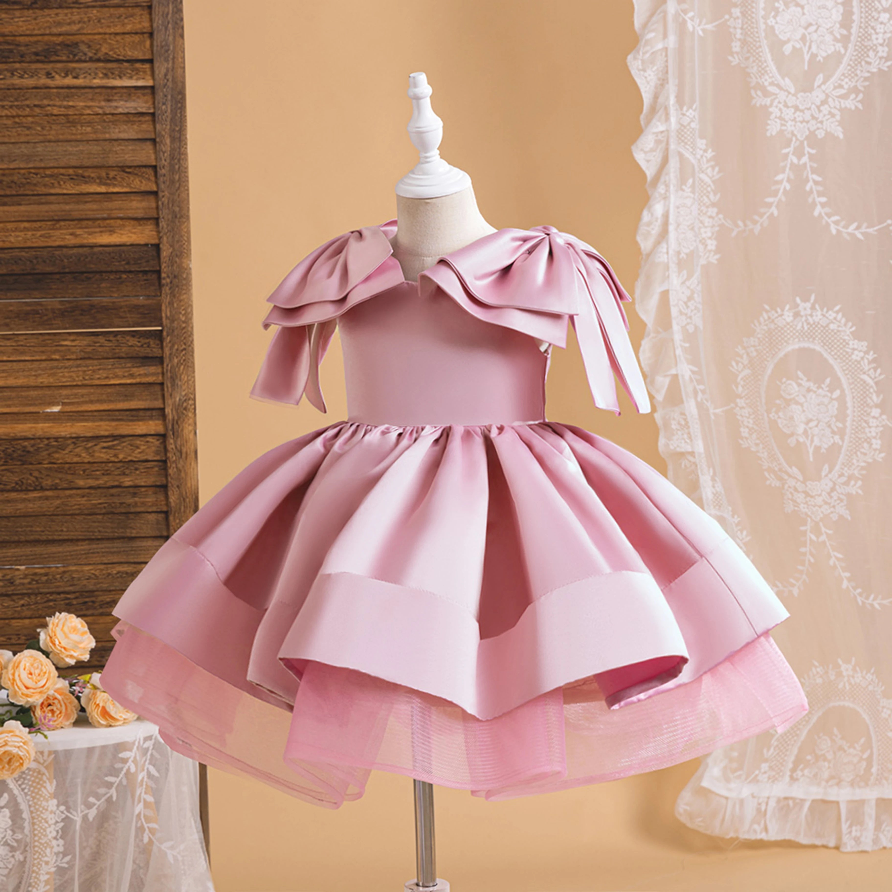 Elegant Pink Bow Girls Party Princess Dress Formal Wedding Bridesmaid Birthday Prom Dresess for Girl Gala Christmas Kids Clothes