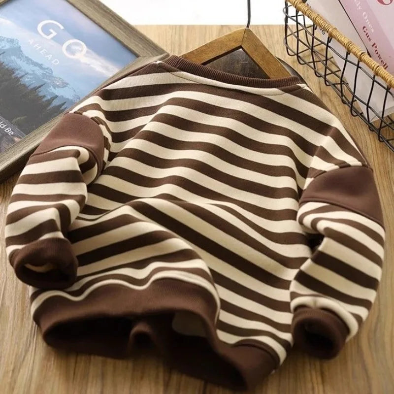 Boys' 2025 New Arrival No Hood Double Fleece-Lined Thickened Striped Crewneck Sweatshirt Autumn/Winter Trendy