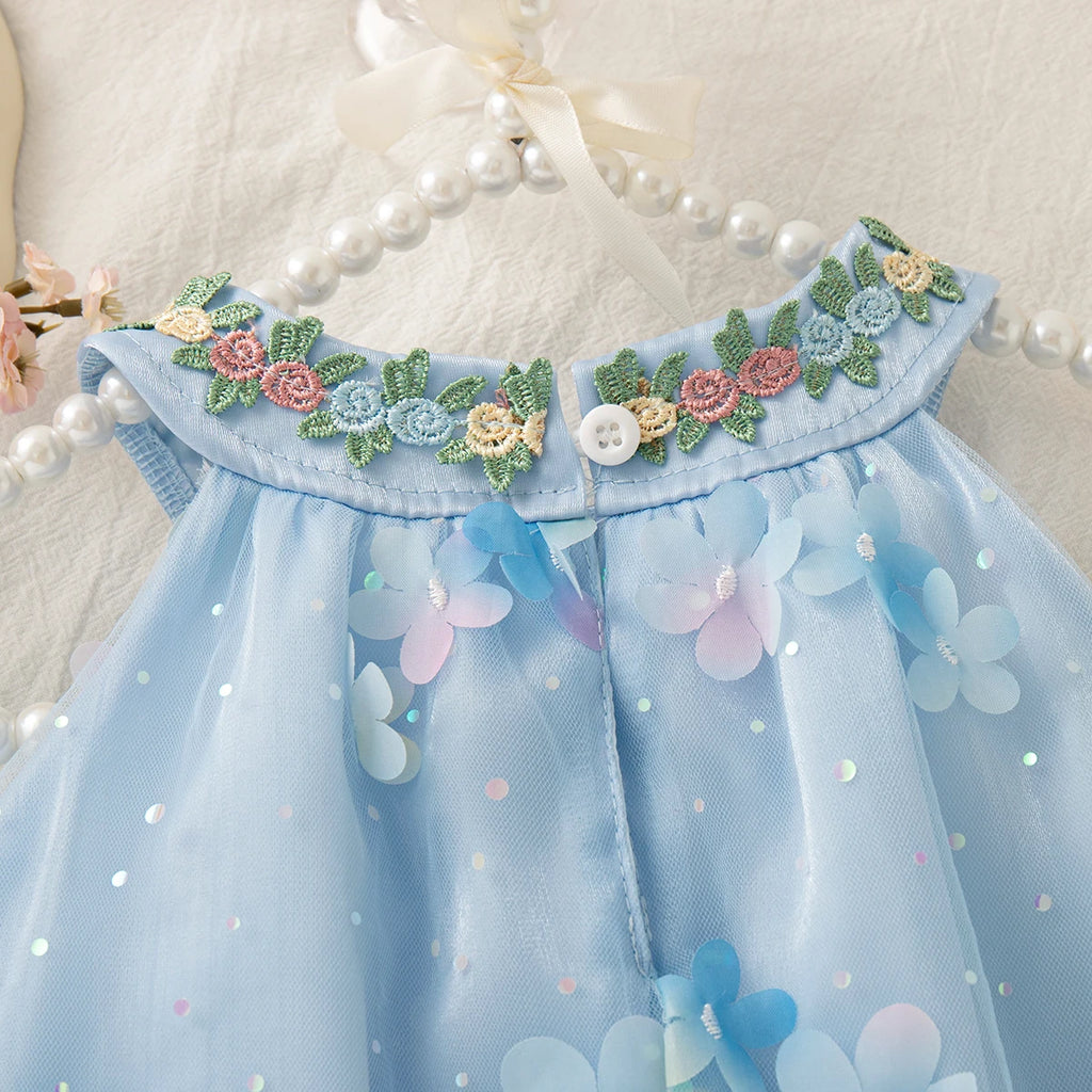 Summer New Floral Chiffon Baby Girl Princess Dress, Sweet Blue Children'S Clothing Suitable For Birthday Parties (0-4 Years Old)