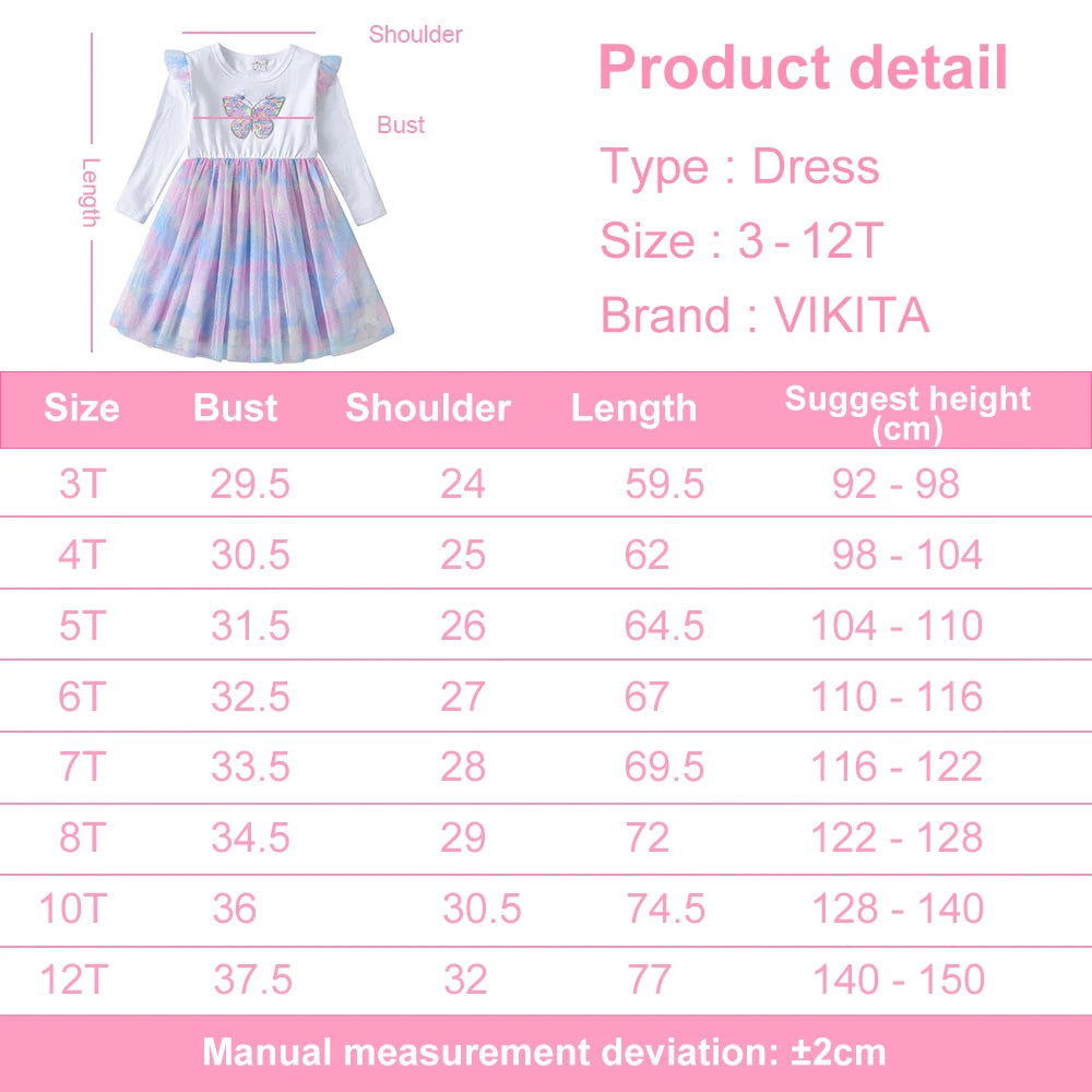 VIKITA Girls Long Sleeve Autumn Spring Dresses Kids Colorful Butterfly Sequined Appliqued Glittery Gradient Princess Mesh Frocks