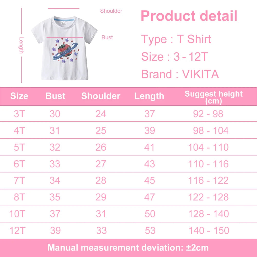 VIKITA Kids Short Sleeve Summer White T Shirts Girls Cosmos Star Sequins Appliqued Cotton Casual Tops and Tees Children Clothing