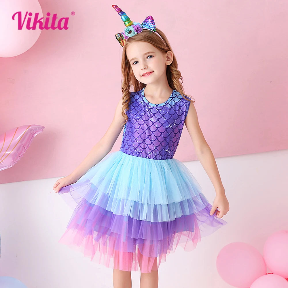 VIKITA Kids Mermaid Print Sleeveless Dress Girls Birthday Party Performance Princess Dresses Girls Mesh Layered Cake Tutu Dress