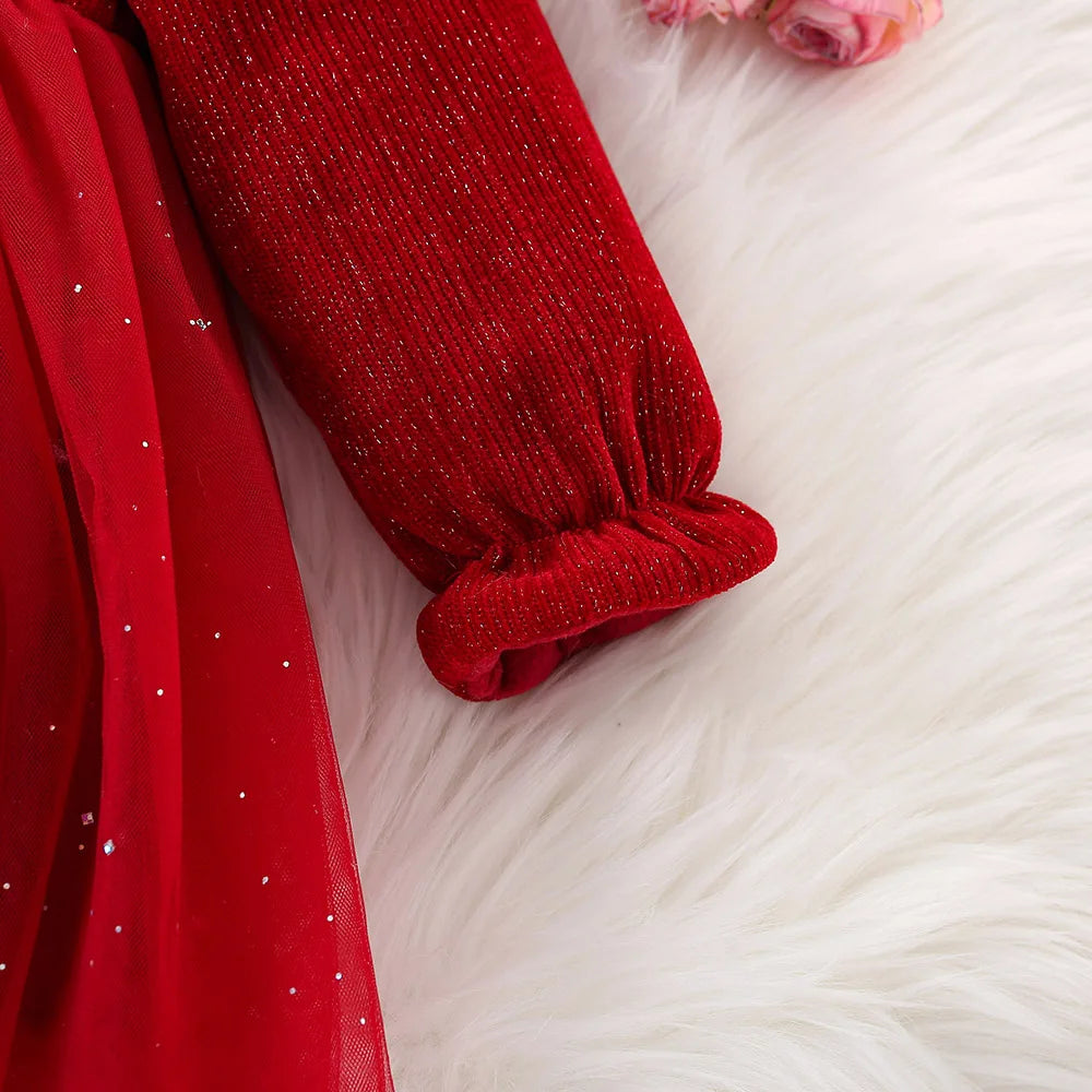 Autumn And Winter New Red Sequin Bow Baby Girl Dress, Princess Style Children'S Clothing With Free Sequin Pendant (0-3 Years)