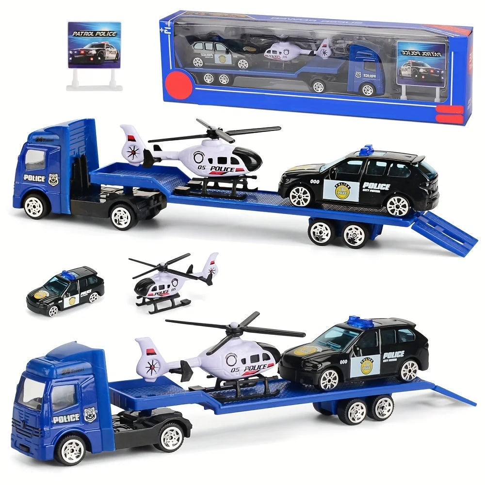 Play Vehicles Set Toy Construction Police Car Fire Engine Truck Playset Friction Powered Engineering Toy for Boys Girls Toddlers