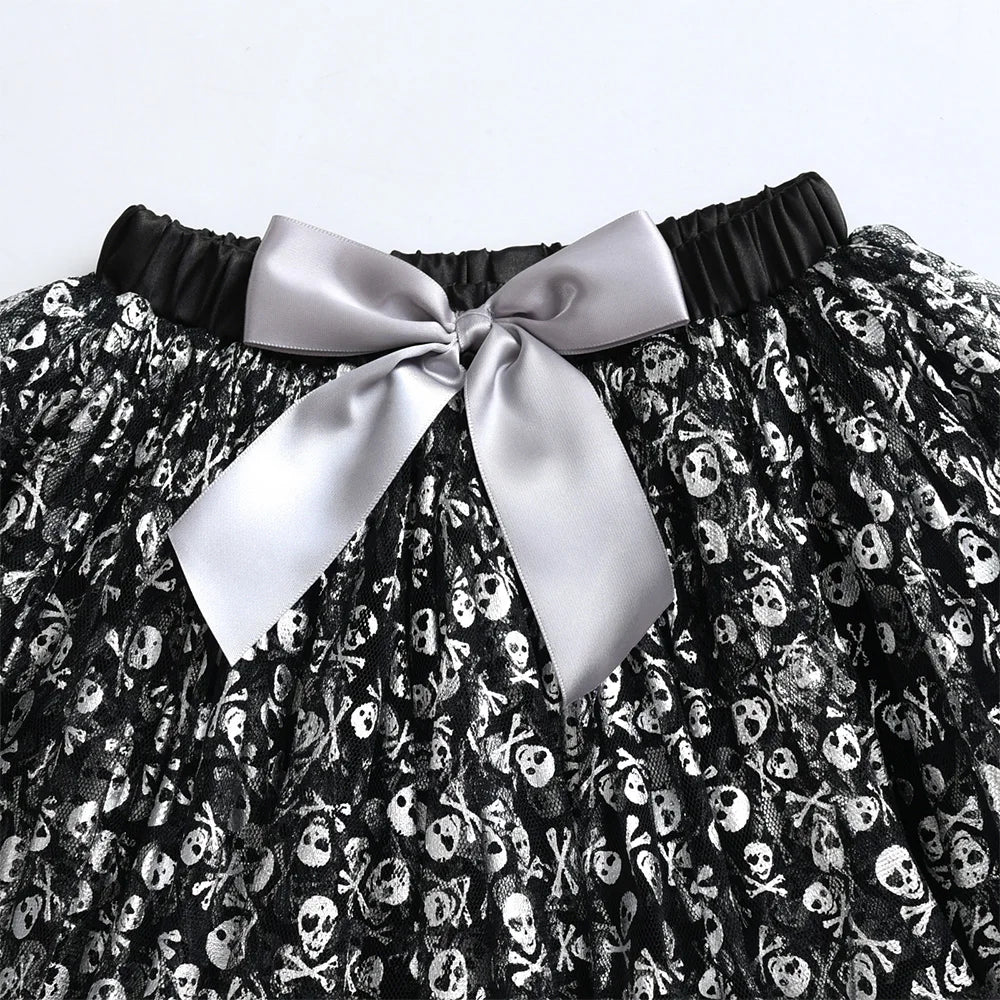 VIKITA Girls Skull Print Festival Tull Lace Tutu Skirt with Bow Knot Ruffled Skirt for Halloween Party Wear Fashion Costumes