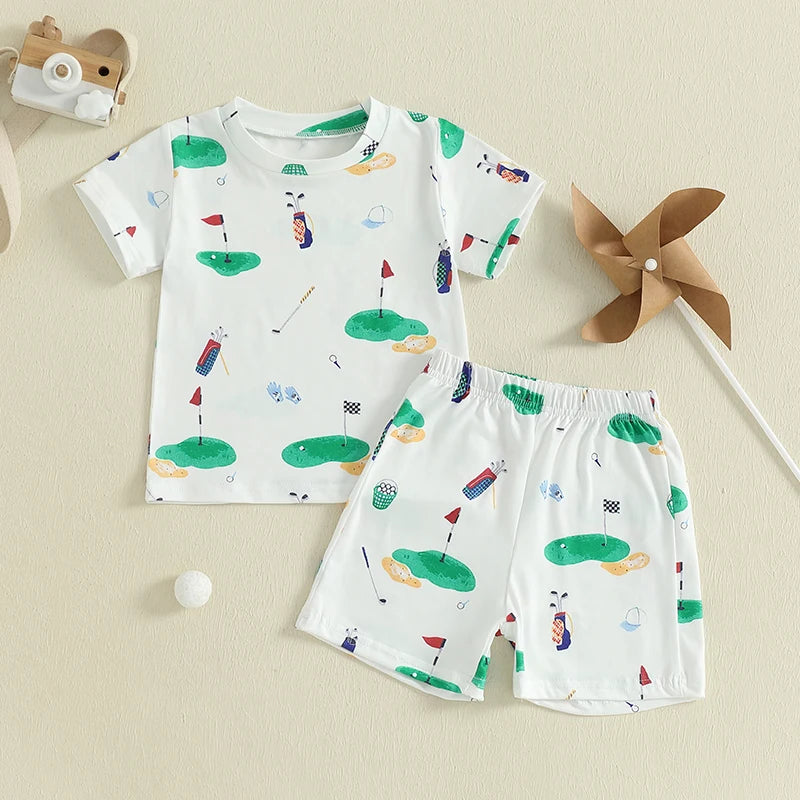 Infant Summer Outfit Set Short Sleeve Round Neck Dinosaur Print T-Shirt and Shorts Baby Boy 2 Piece Clothing Set for Toddler