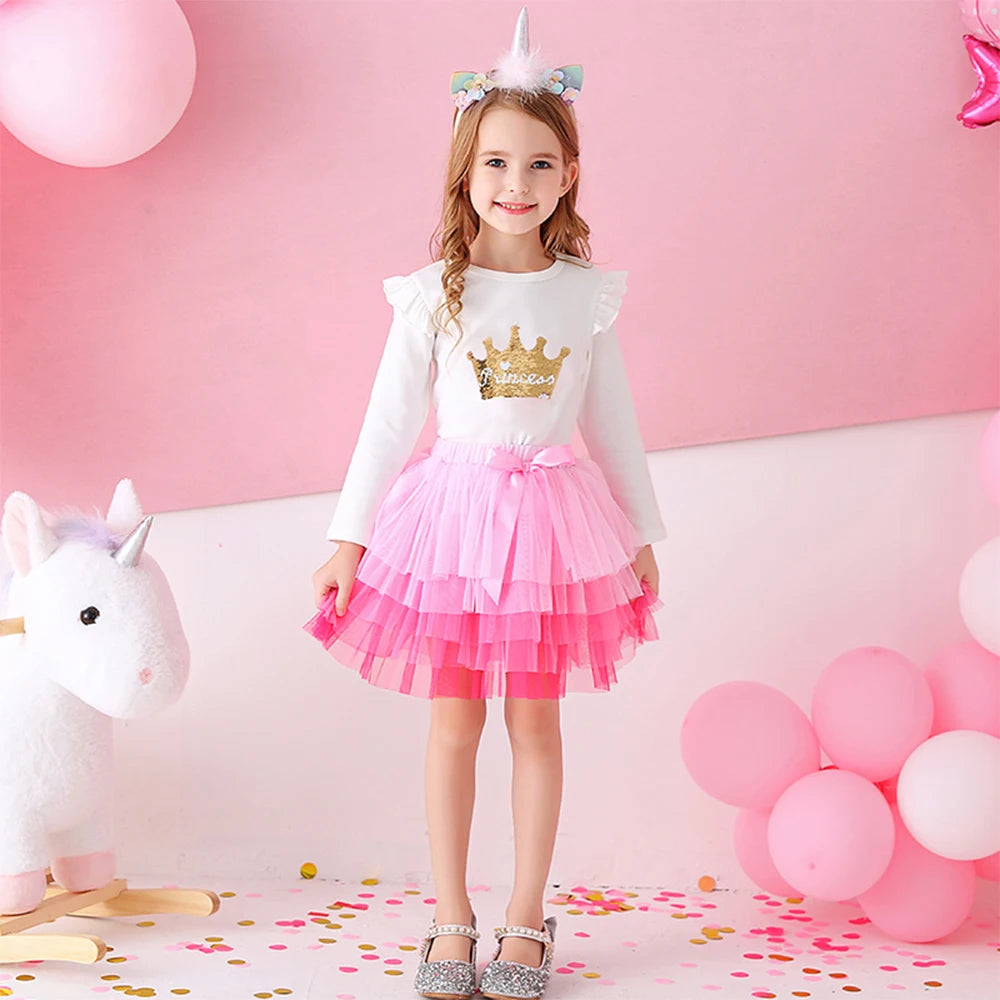 Girls Tutu Sequins Skirts Kids Clothes Bow Layered Skirts Princess Pleated Skirt Kids Mesh Skirt Girls Children Party Clothes