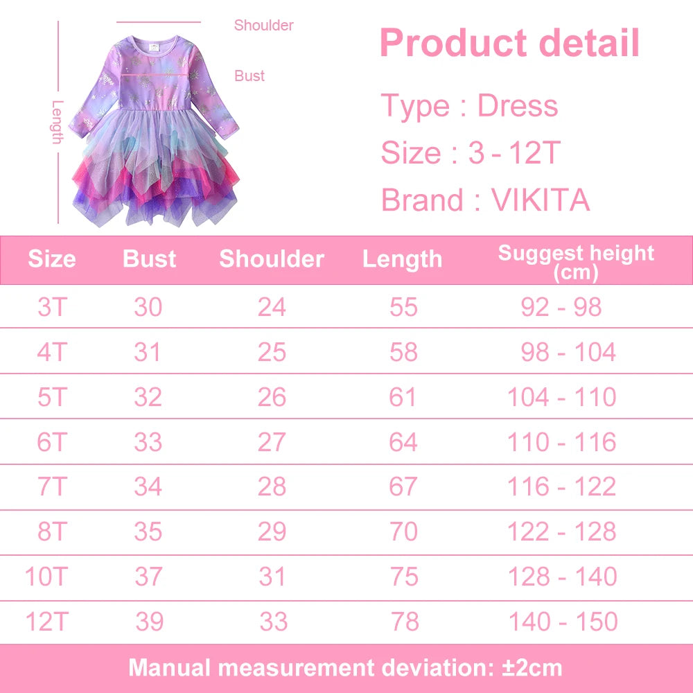 VIKITA Winter Princess Dress 2024 Long Sleeve Kids Birthday Party Prom Dress For Girls Irregular Layer Mesh Children Tutu Dress