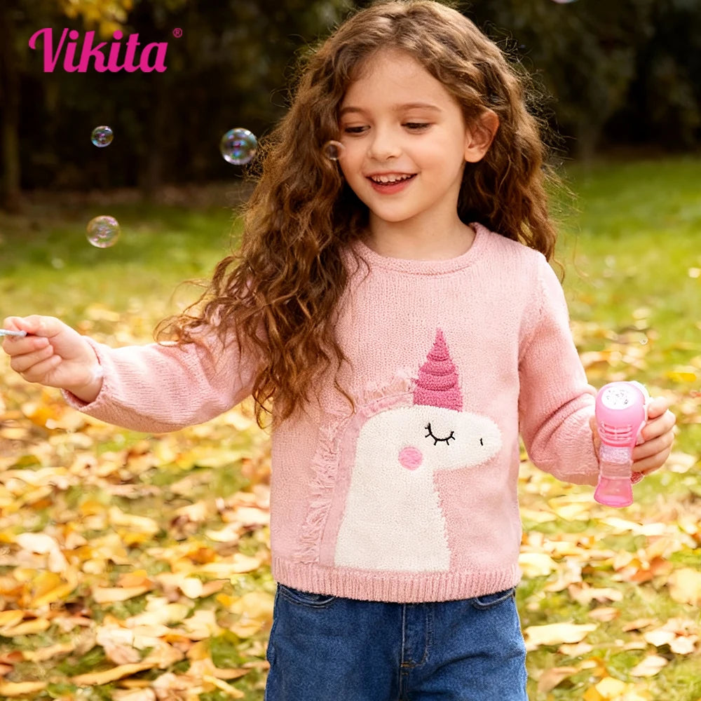 VIKITA Teengers Girls Sweater with Unicorn Kids Round Neck Autumn Spring Cozy Casual Pink Outfits Sweaters Children Clothing