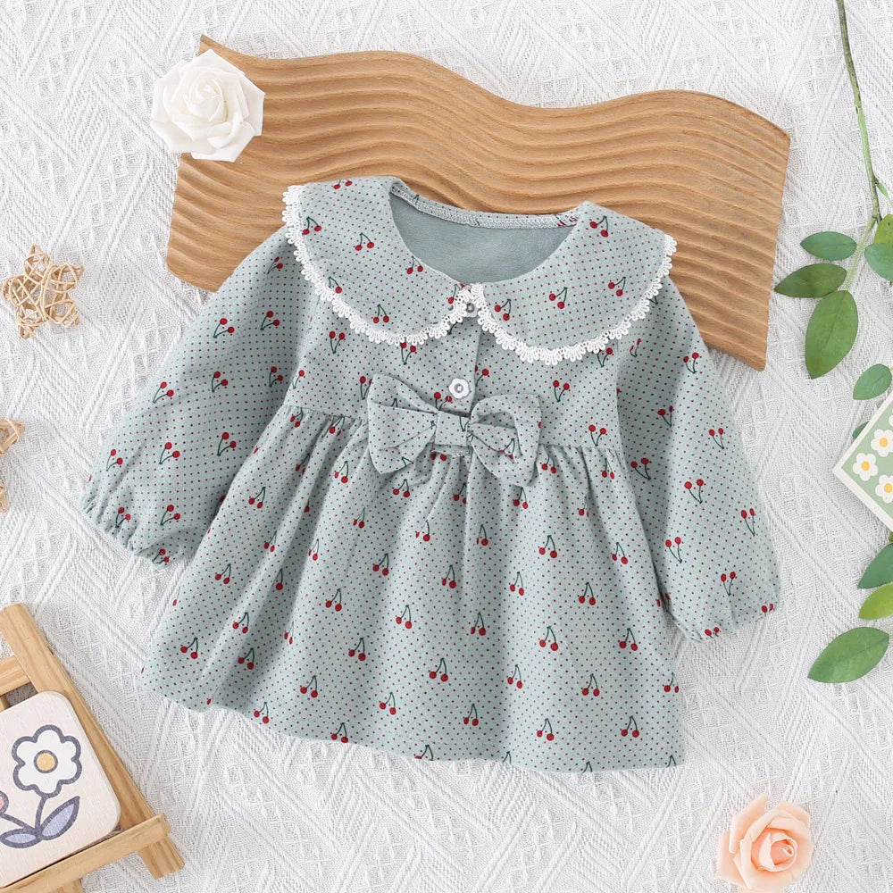 0-3 Year Old Baby Girl Dress, Spring And Autumn New Sweet Bow Cherry Long Sleeved Children'S Clothing