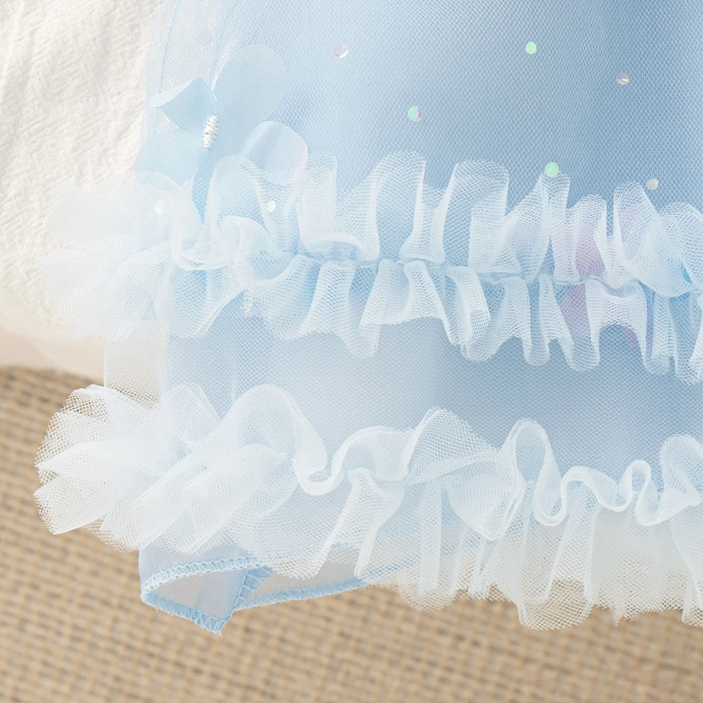 Summer New Floral Chiffon Baby Girl Princess Dress, Sweet Blue Children'S Clothing Suitable For Birthday Parties (0-4 Years Old)