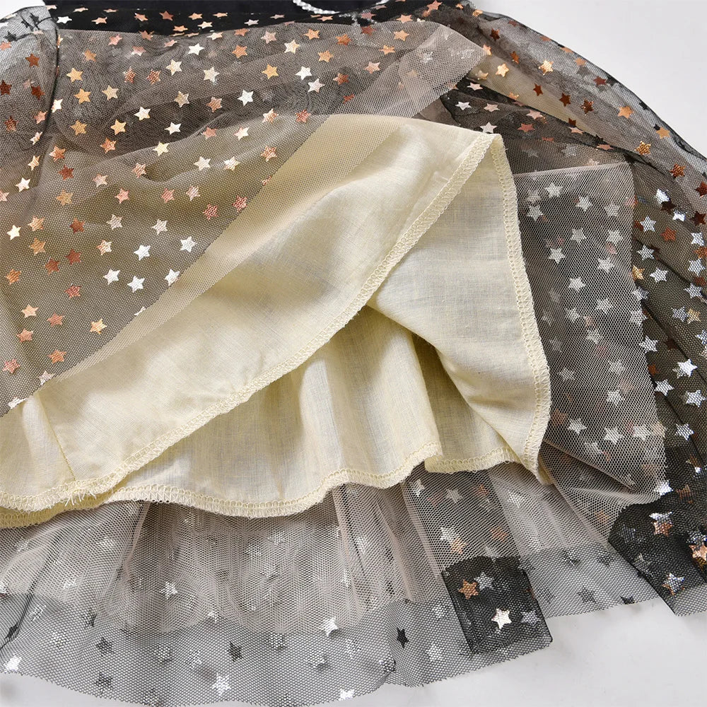 VIKITA Girls Prom Gown Birthday Party Performance Festival Elegant Sequins Princess Dresses Kids Flare Sleeve Mesh Tulle Dress