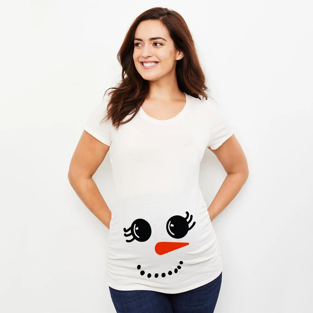 Christmas Pregnant Women T-shirt Snowman Cartoon Printed T Shirt Pregnancy Announcement Clothes Maternity White Short Sleeve Top