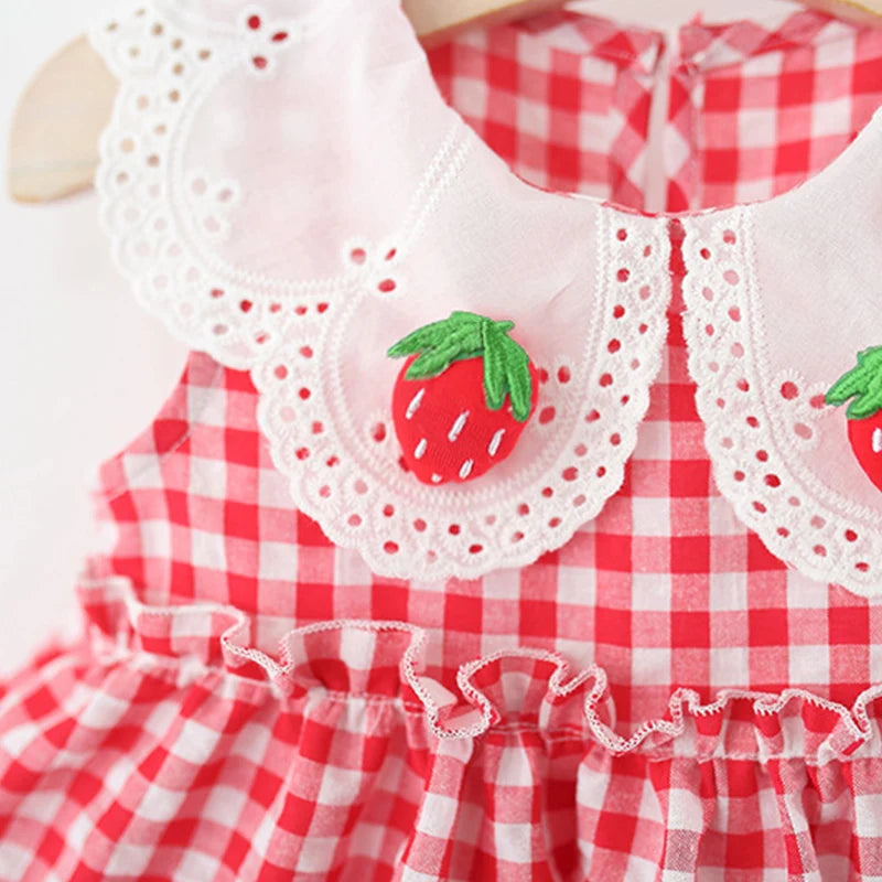 Summer New Simple Style Small Checkered Children'S Sleeveless Clothes, Sweet White Petal Lapel Baby Girl Dress (0-4 Years Old)