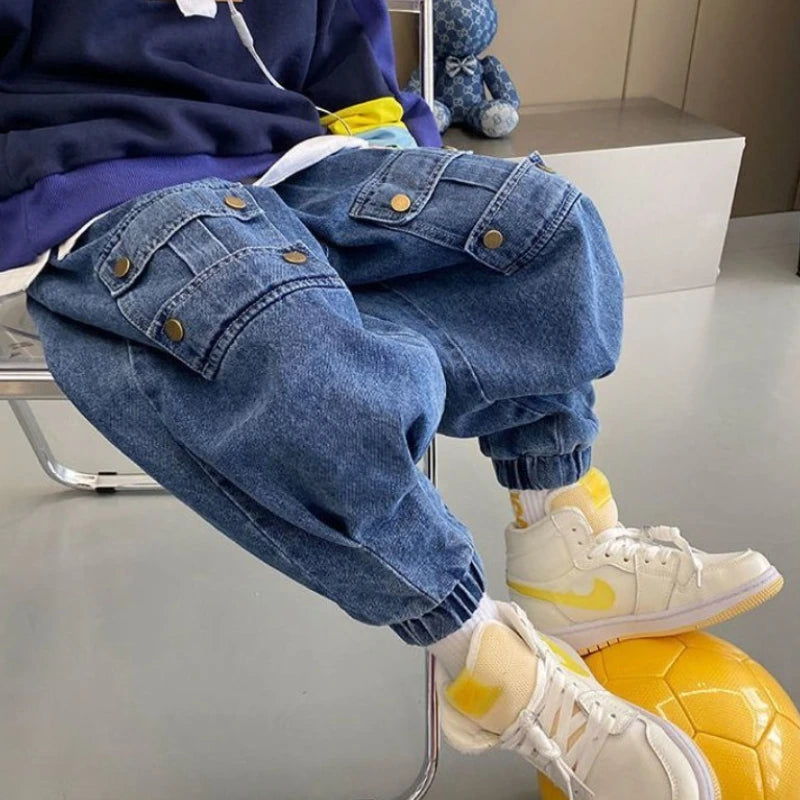 Autumn Boys' Cargo Pants - Durable Denim Jeans for Kids, Streetwear Style, Comfortable & Trendy