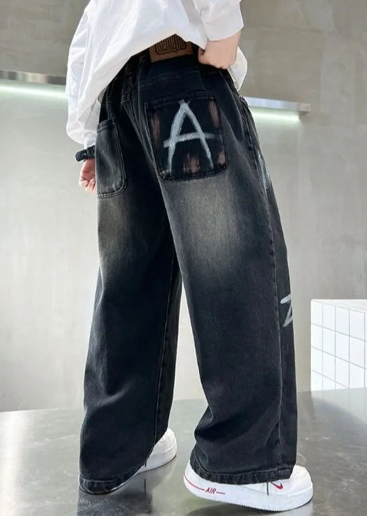 Boys' Trendy Streetwear Jeans for Spring/Fall - Loose Fit Straight-Leg Wide-Leg Denim Pants for Boys 8-14