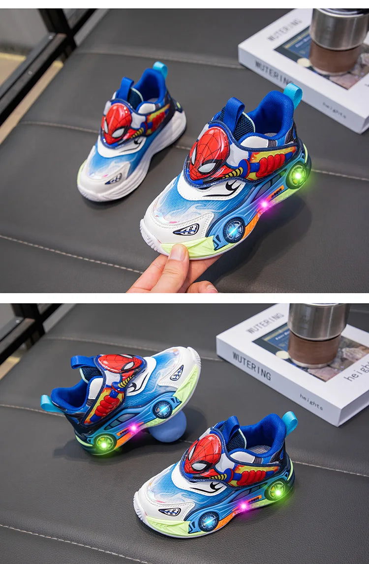 Disney Children's Shoes Fashion Cartoon LED Lights Spiderman Sneakers for Boys Breathable Sport  Anti-slip Student Shoes Size 26