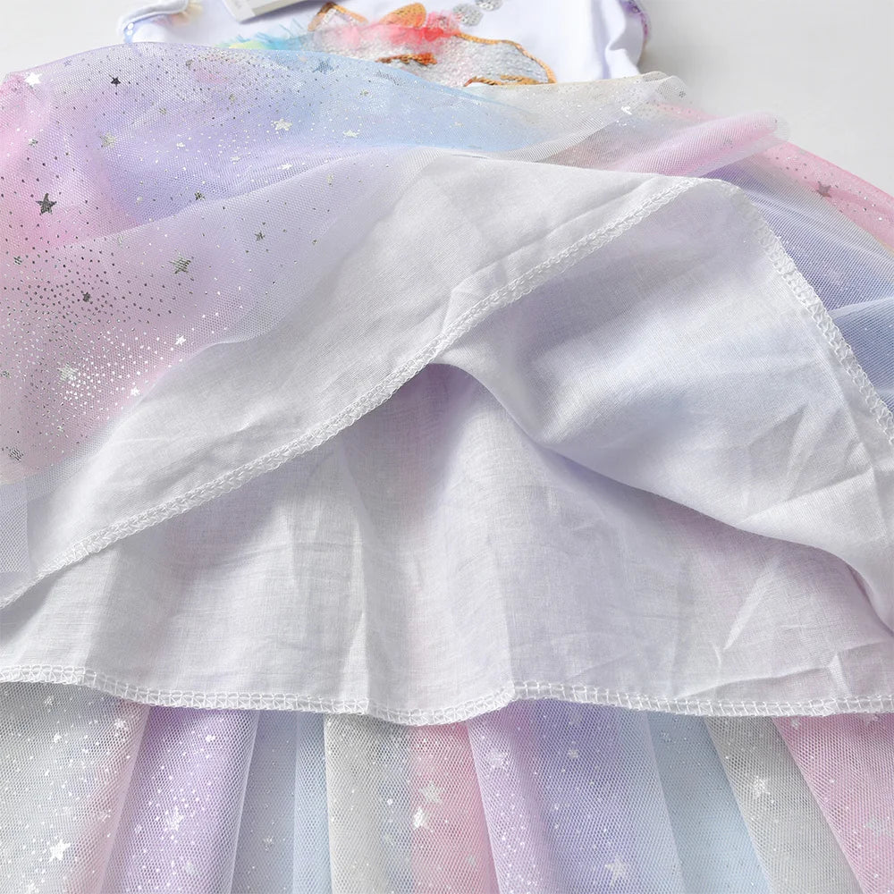 Toddlers Sleeveless Summer Dress Kids Rainbow Sequined Unicorn Appliqued Colorful Starry Tulle Dresses Girls Casual Party Dress