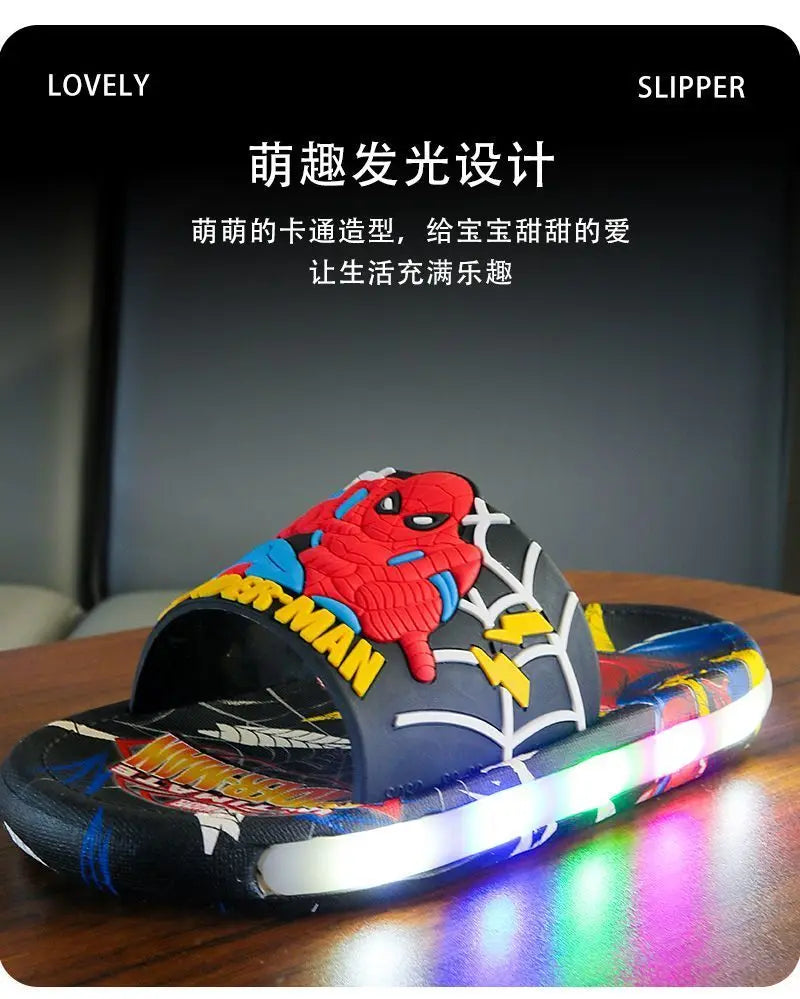 Disney Spider-Man Children's Slippers Non-slip Cartoon Light Soft Soled Slippers For Boys LED Light Luminous Children's Summer S