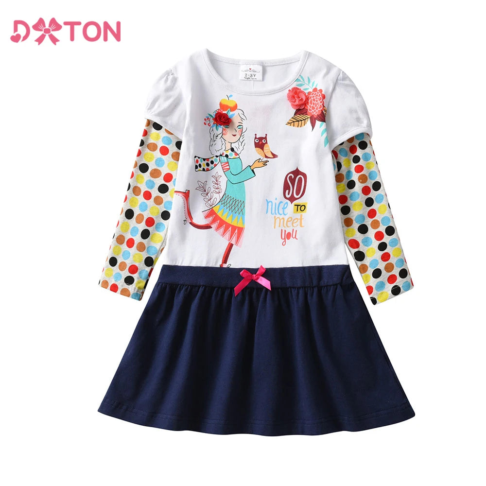 DXTON Girls Cotton Casual Long Sleeve Dresses Autumn Spring Children Polk Dot Cartoon Print Clothes Kids Patchwork Frocks Dress