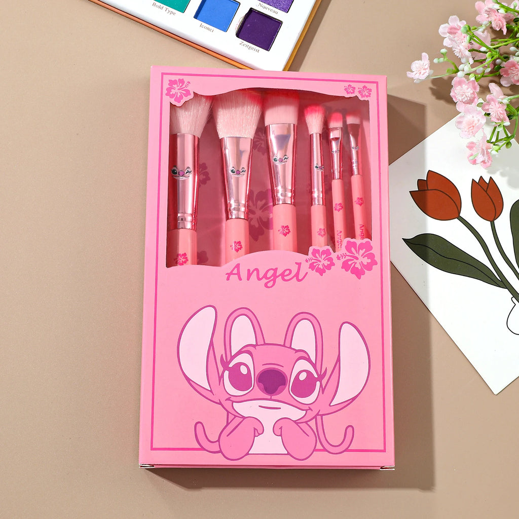 6pcs pink cartoon cute Stitch makeup brush set, wooden makeup brush eye shadow brush, gift box packaging, the perfect choice for