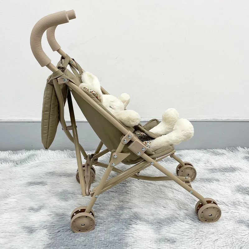 Folding Umbrella Doll Stroller for Girls Soft Embroidery with Sturdy Metal Frame Pretend Play with Dolls Christmas Gift for Kids