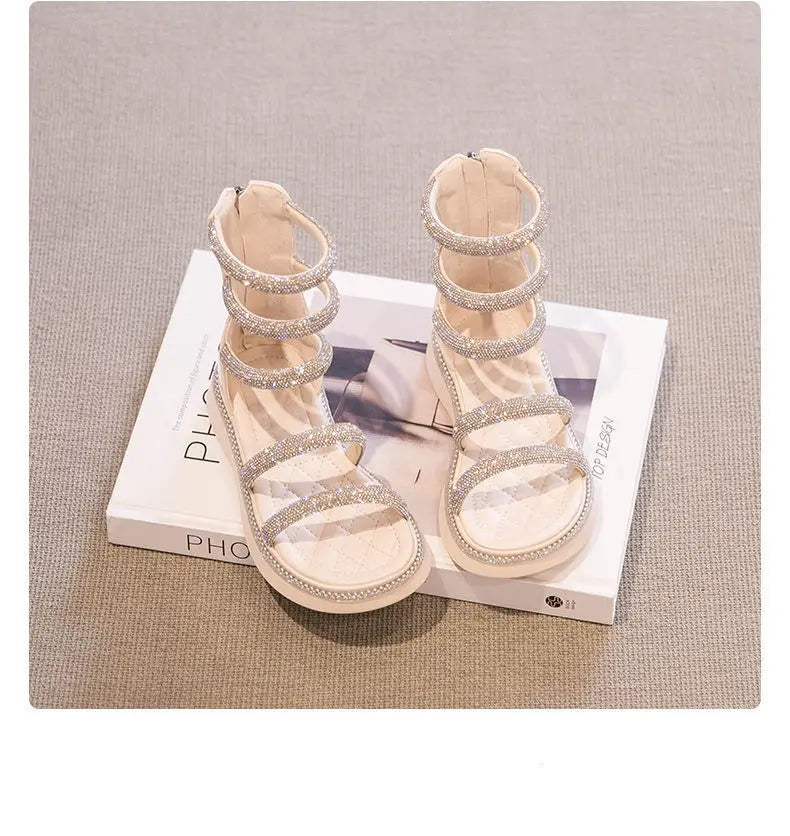 Kids'Sandals PU Leather Summer Beach Shoes For Girls Crystal Peep Toe Breathable Soft Bottom White Black Shoes Size 26-36