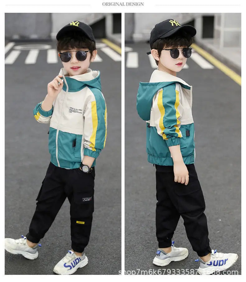 New Handsome Teenager Boys Hoodies Fashion Splicing Style Coat For Kids 3-12 Years Children Windbreaker Jacket