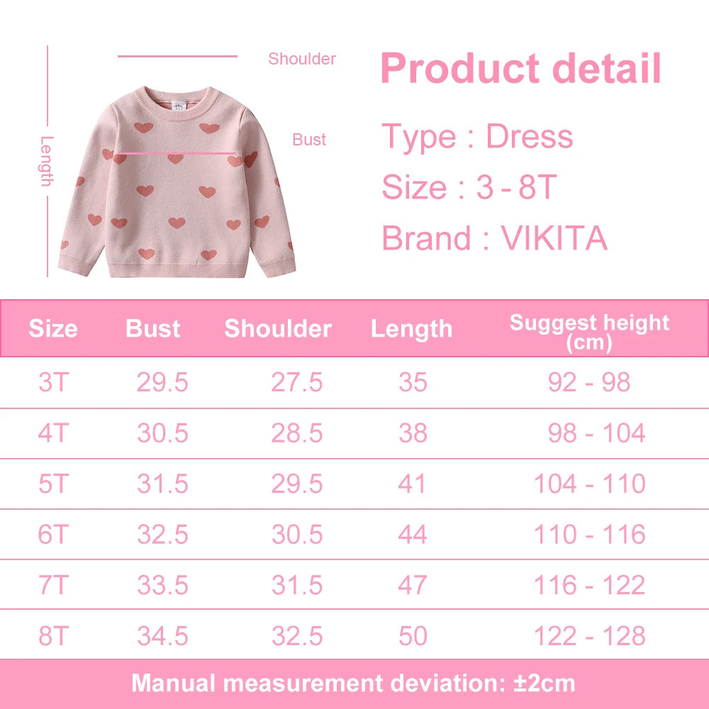 VIKITA Teenagers Pink Sweaters Girls Heart Shape Costumes Fall Spring Winter Knitted Fashion Blouses Sweaters Casual Wear Tops