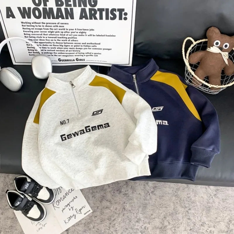 Boys' Mid-Large Size 2025 Autumn New Half-Zip Standing Collar Color-Blocked Loose Fit Stylish Sweatshirt