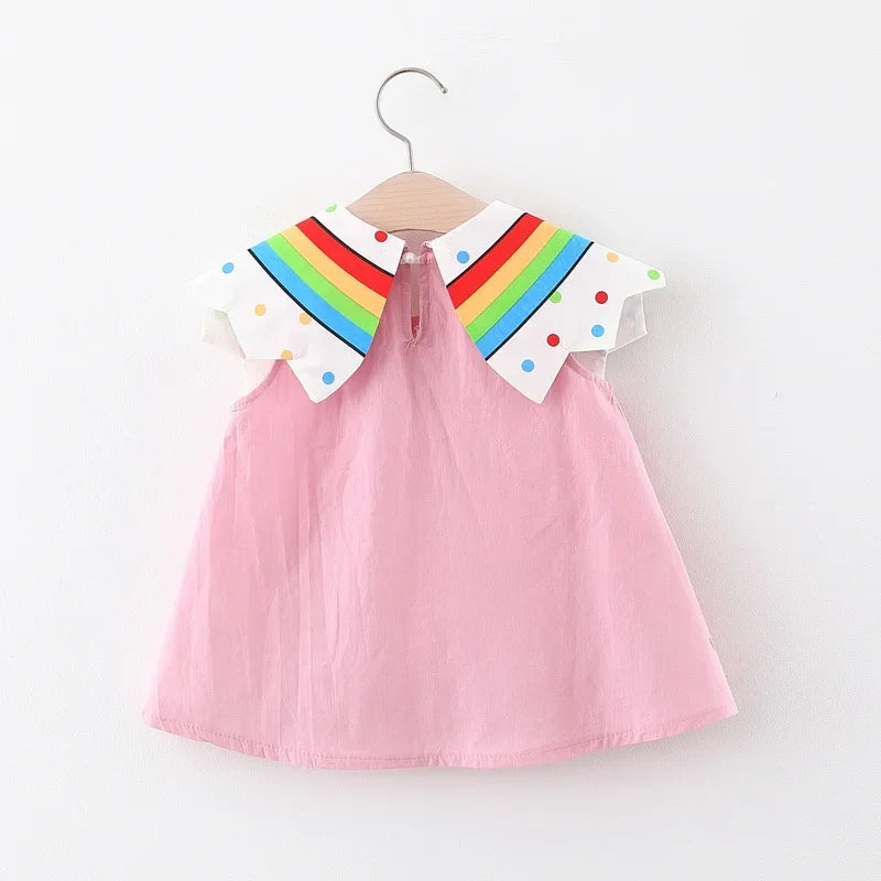 New Children's Clothing Summer Girls Rainbow Cloud Big Flip Collar Contrast Sleeveless Dress Korean Cartoon Dress