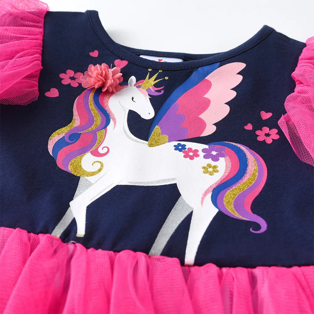 VIKITA Girls Unicorn Print Cartoon Dress Kids Flare Sleeve Prom Gown Girls Gradient Layered Mesh Tulle Tutu Princess Vestidos