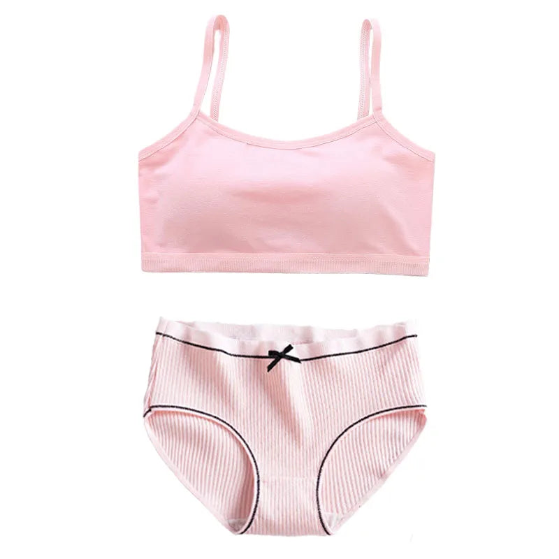 1/4 Sets Cotton Girls Underwear Set Teenage Girls Training Bras and Panties Suit Solid Wireless Fixed Pad Bra with Briefs Set