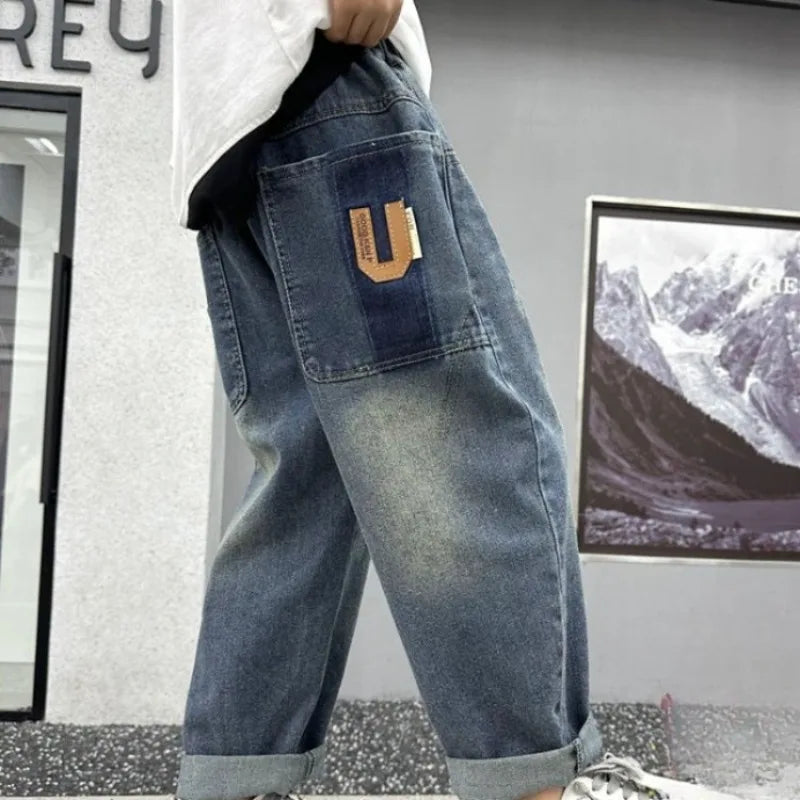 Kids Boys Thickened Winter Jeans Loose Fleece-Lined Long Pants Casual Stylish Warmth