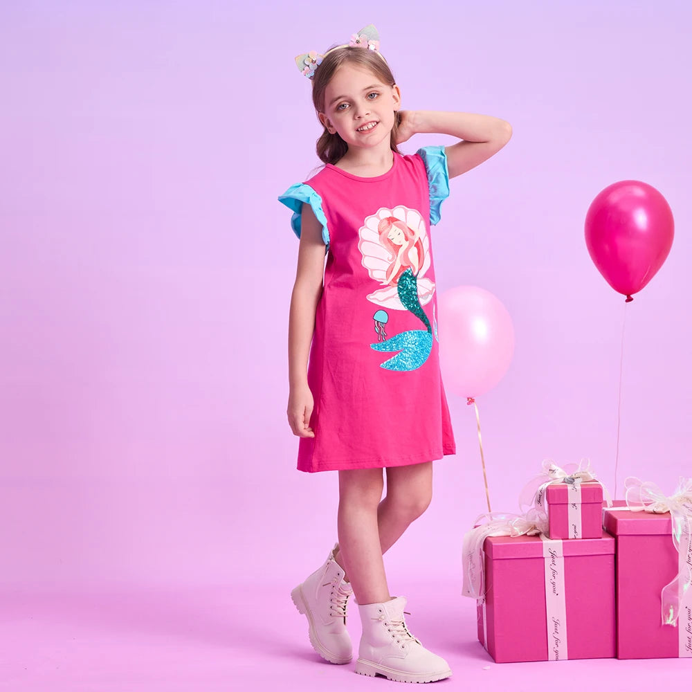 DXTON  Summer Kids Dresses For Girls Cartoon Toddler Clothing Everyday Children Dress Mermaid Sequin Princess Girls Casual Wear