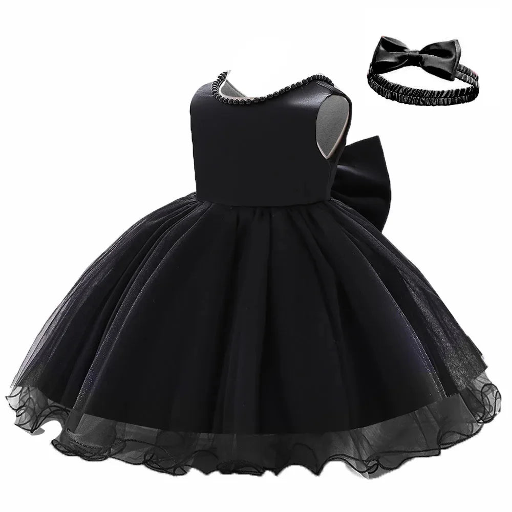 Infant Baby Tulle Backless Pageant Wedding Party Flower Girls Big Bow Dress With Headwear For Toddler Baptism Birthday Prom Gown