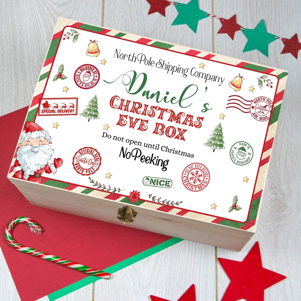 Personalized Christmas Eve Box Custom Xmas Gift Wood Box Boys Girls Cute Christmas Present Box Kids Santa Holiday Gifts Box