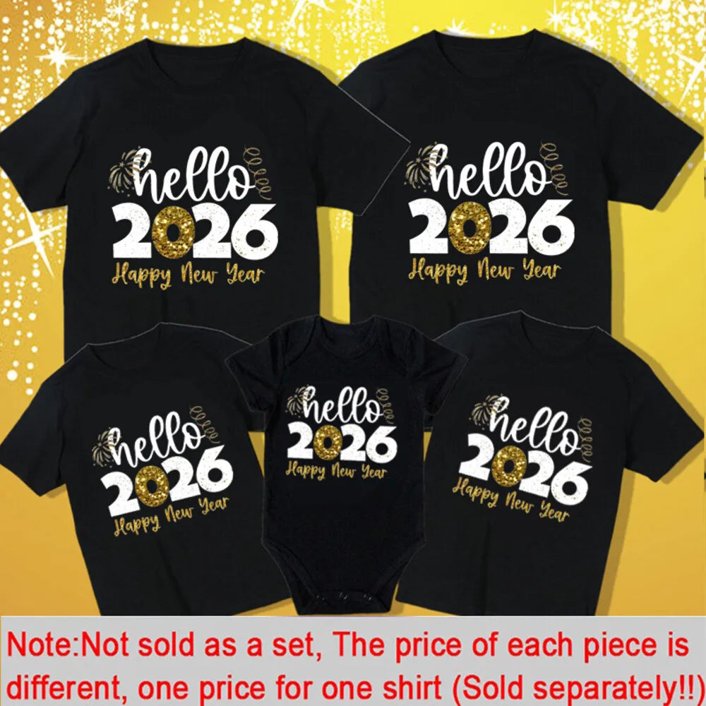 Hello 2026 Family Matching Outfits Happy New Year Dad Mom and Daughter Son Tshirt Baby Romper Family Look New Year's Clothes