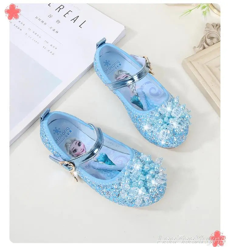 Disney Girls Princess Shoes Soft Sole Little Girl Frozen Children Crystal Casual Shoes Flat Leather Show Dance Shoes Size 22-36