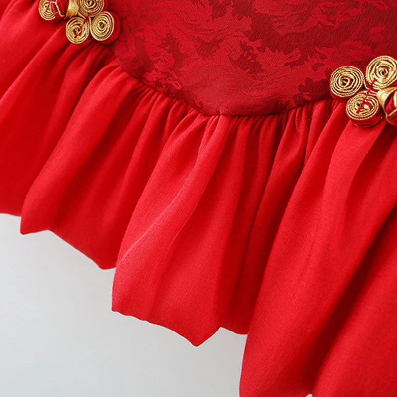 Summer New Chinese Retro Style Baby Girl Dress, Red Spring Festival Party Children'S Clothes Comes With Pendant (0 -3 Years）