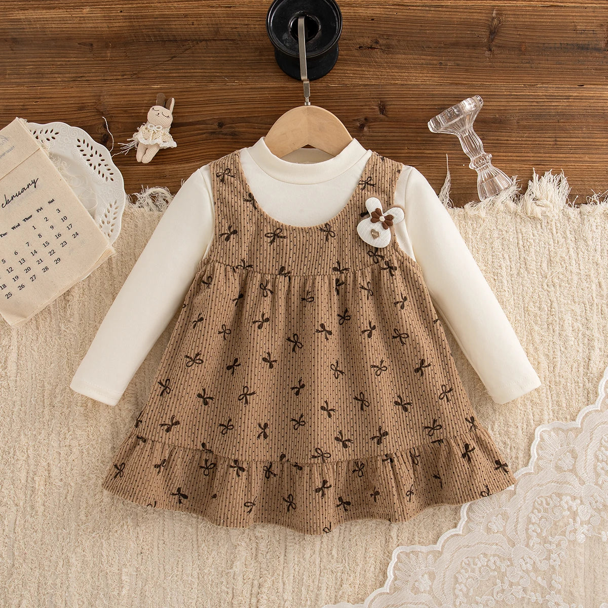Spring And Autumn New Sweet Bow Baby Girl Dress, Cute Fake Two Piece Children'S Long Sleeve Clothes (9 Months -3 Years Old)