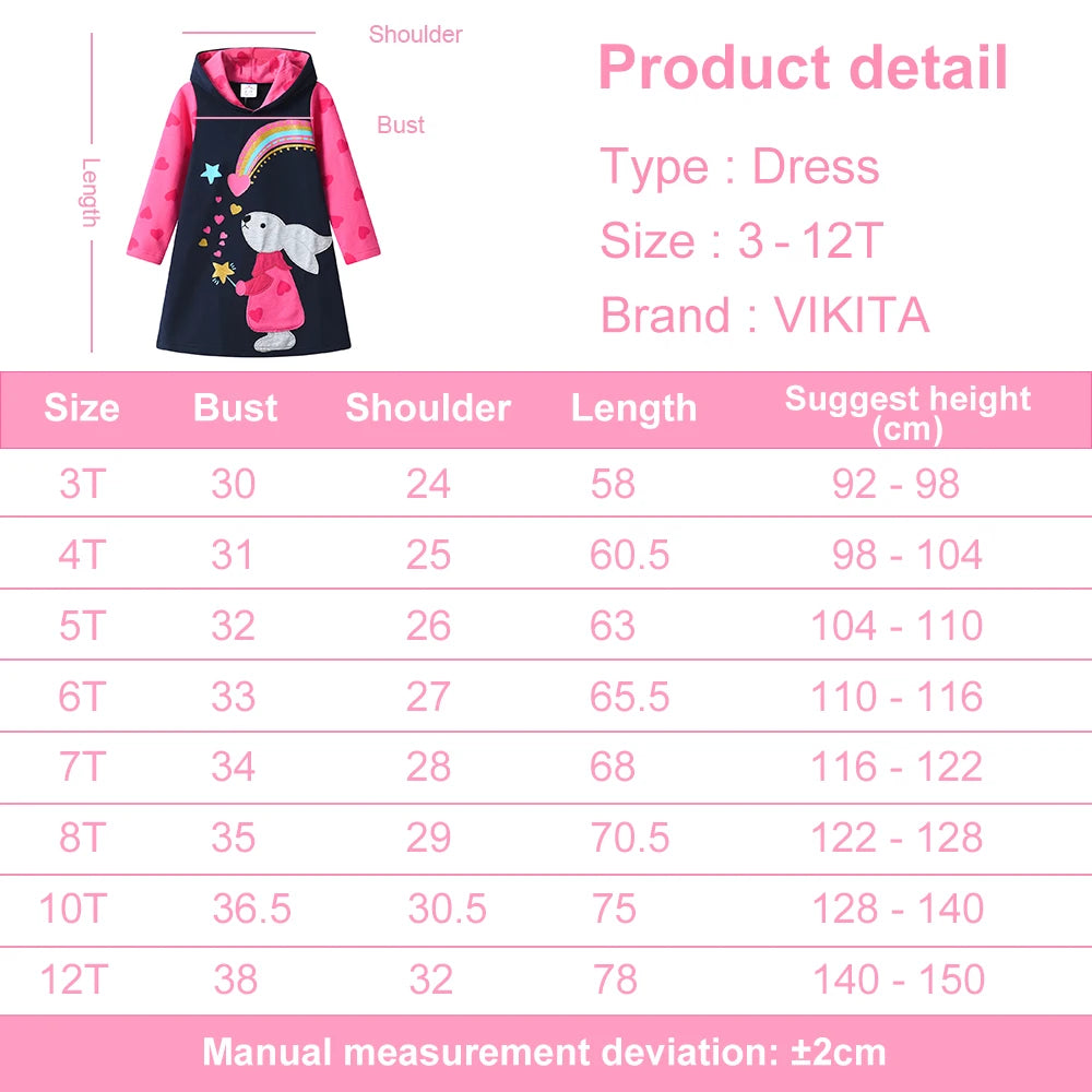 VIKITA Kids Autumn Winter Thick Hoodies Dress for Girl Rabbit Rainbow Appliqued Straight Dresses Kids Heart Design Cotton Dress