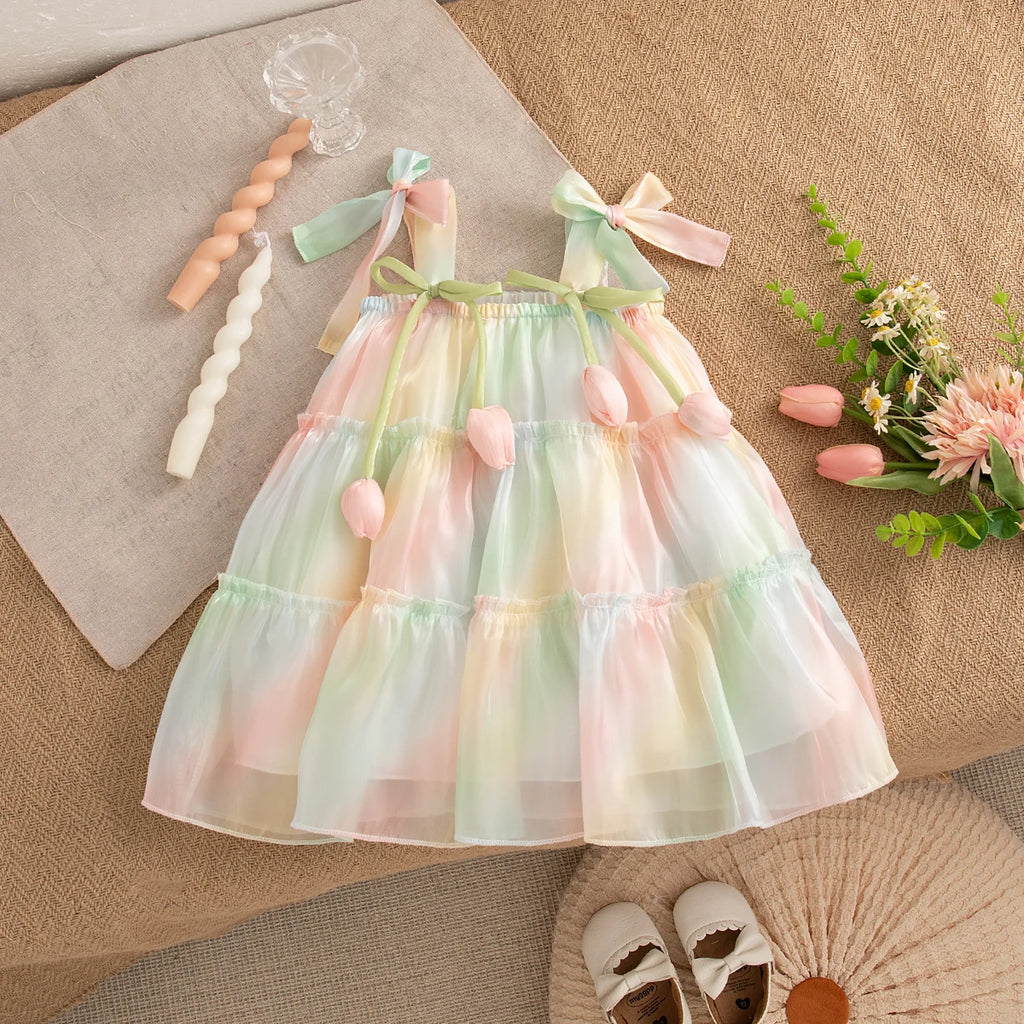 Summer New Colorful Tie Dye Sling Baby Girl Dress, Sweet Flower Children'S Clothing For Babies Aged 9 Months To 4 Years Old