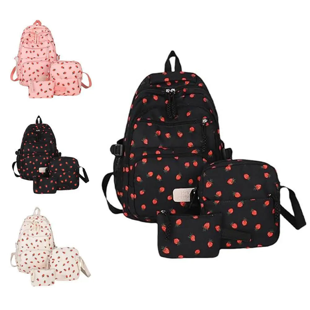 Corduroy Backpack three piece set Strawberry Print Daily Casual Backpack Niche Large Capacity Commuting Light Backpack