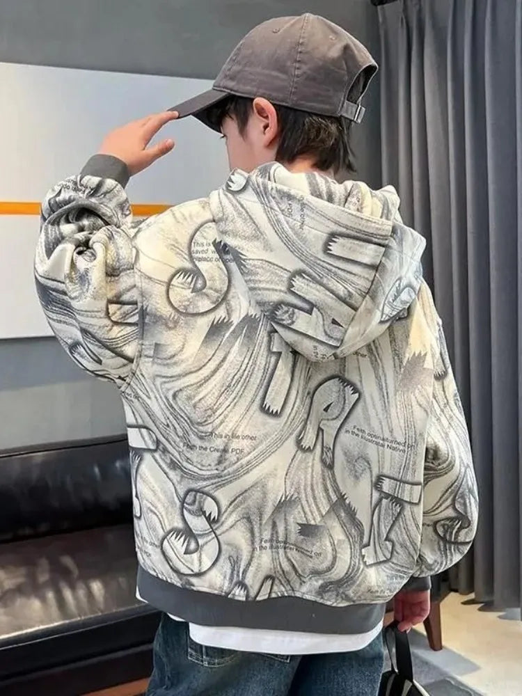 2025 New Boys' Mid-Large Spring-Autumn Trendy Brand Hooded Hoodie - Stylish Kids' Spring Wear Top